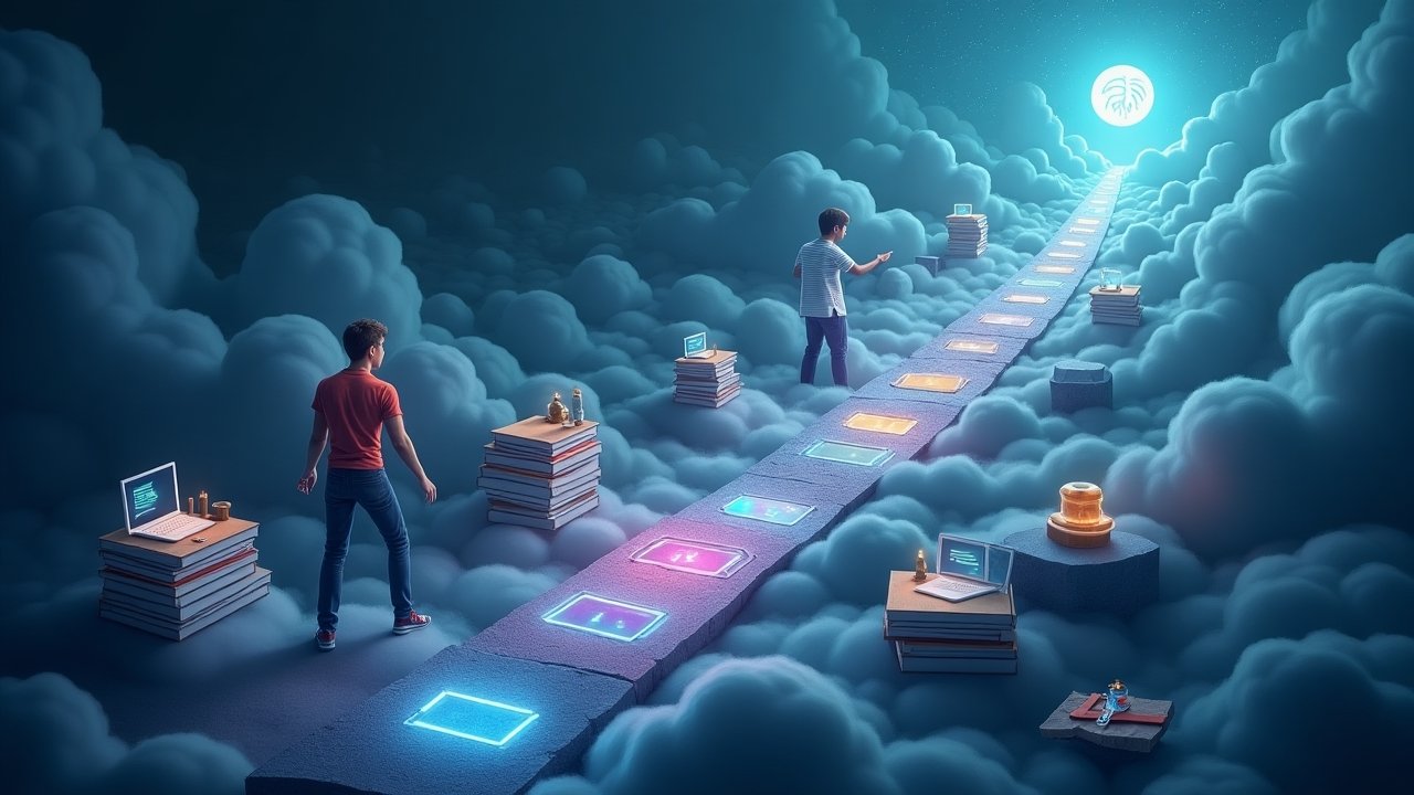 Surreal depiction of preparation for blockchain learning with abstract notebooks, digital devices, and knowledge symbols in dreamlike composition