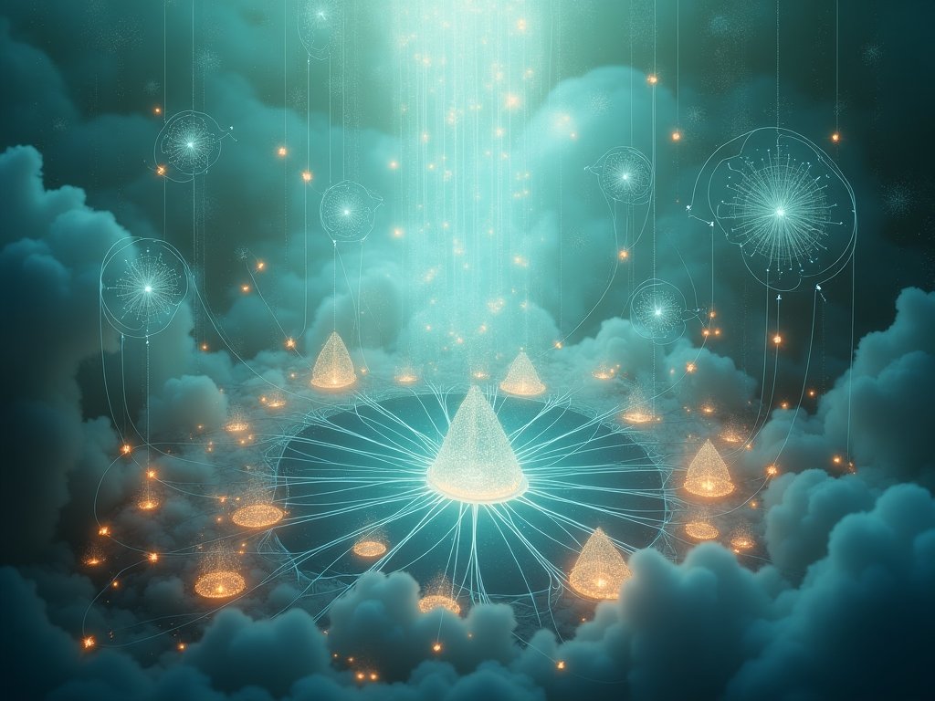 Surreal artistic representation of a decentralized crowdfunding platform with abstract financial flows and community connections in dreamlike composition