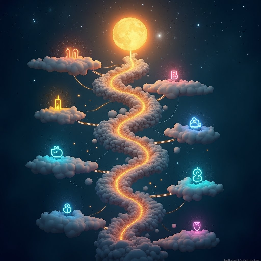 Dreamlike visualization of decentralized finance with abstract financial symbols flowing through digital networks