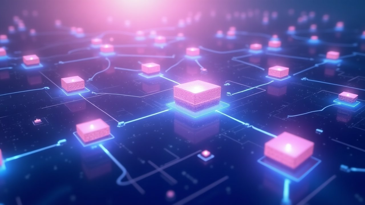 Blockchain technology visualization showing connected blocks in an ethereal digital space