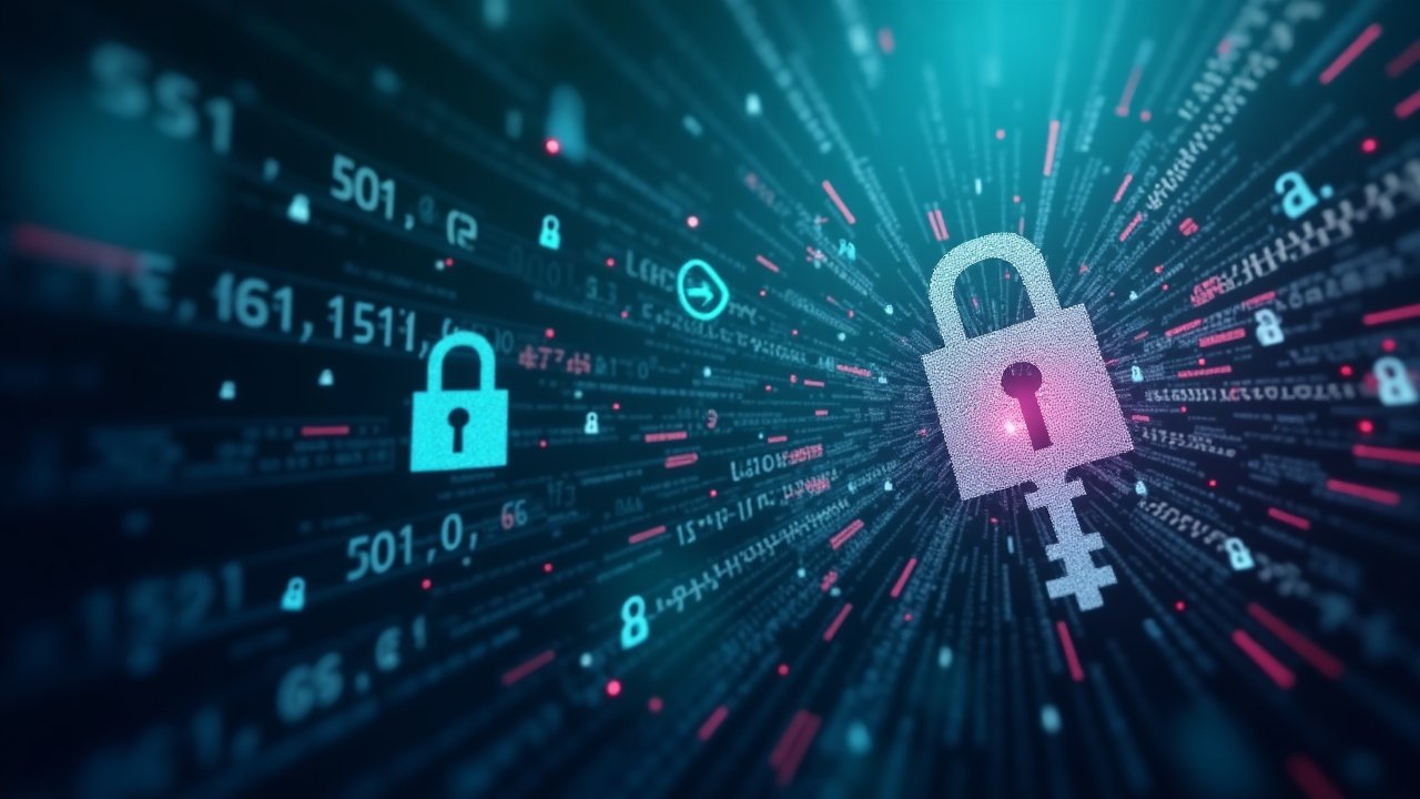 Digital encryption visualization with abstract lock symbols and binary code flowing through a quantum-like environment