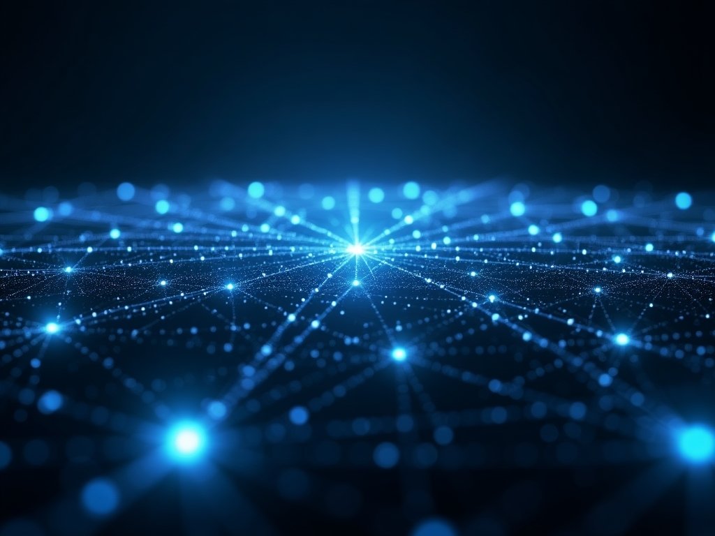 Abstract visualization of a decentralized network with connected nodes in a futuristic digital landscape