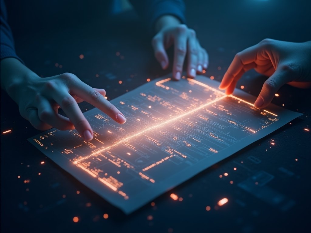 Futuristic digital contract representation with glowing code segments and connection points in an abstract virtual space